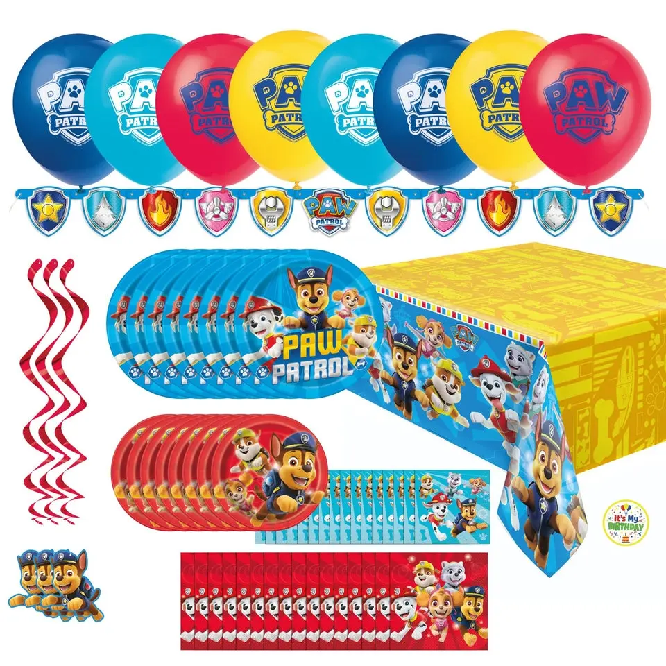Unique Paw Patrol Birthday Party Supplies for 16 Guests – 79 Piece Kit | Plates, Napkins, Table Cover, Banner, Swirls, Balloons & Sticker | Officially Licensed