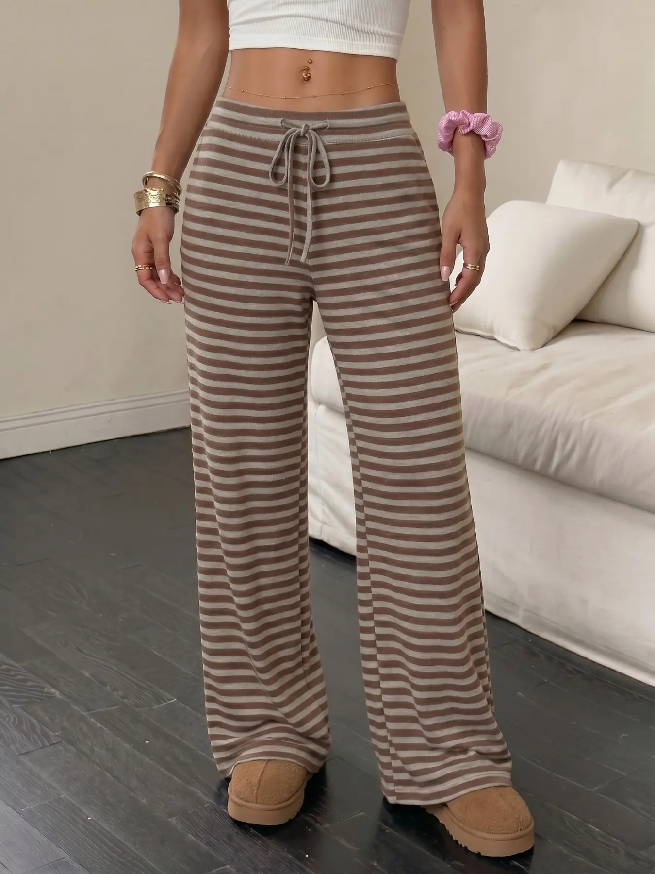 Comfy Striped Knit Adjustable Drawstring Airy High Waisted Wide Leg Lounge Pants, Bottom - Brown Beige Casual Loose Relaxed Fit Elastic Waist Trousers, for Daily Loungewear Beach Vacation & Lazy Days, Buttery Soft Stretchy Fabric