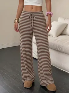 Viral TikTok Super Comfy Striped Knit Adjustable Drawstring High Waist Wide Leg Lounge Pants - Brown Beige Casual Loose Relaxed Fit Elastic Waist Trousers, for Daily Loungewear Beach Vacation & Lazy Days, Buttery Soft Stretchy Fabric Chic Trendy Aesthetic