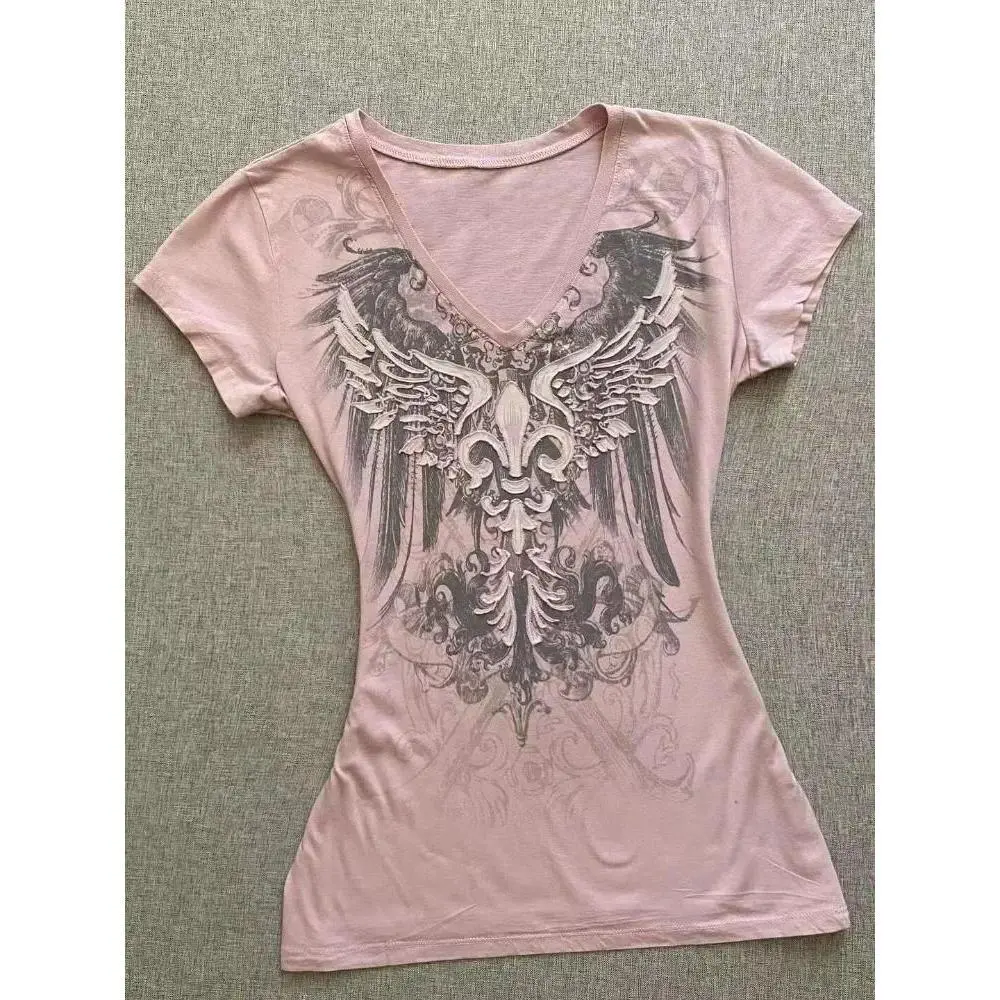 Women's Subculture Vintage Purple Print T-Shirt Summer American Retro Slim Tees Casual Harajuku Grunge Fashion Tops New
