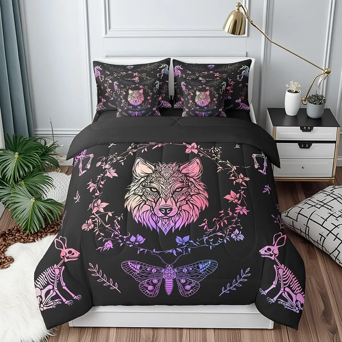 7-Piece Wolf Quilt Bedding Set in a Bag - Gothic Animals Skeleton Comforter, Exotic Bohemian Flowers Leaves Design, Microfiber Treated, All Seasons, Multi-Size, Bedroom Bedding Set, Breathable Duvet Set