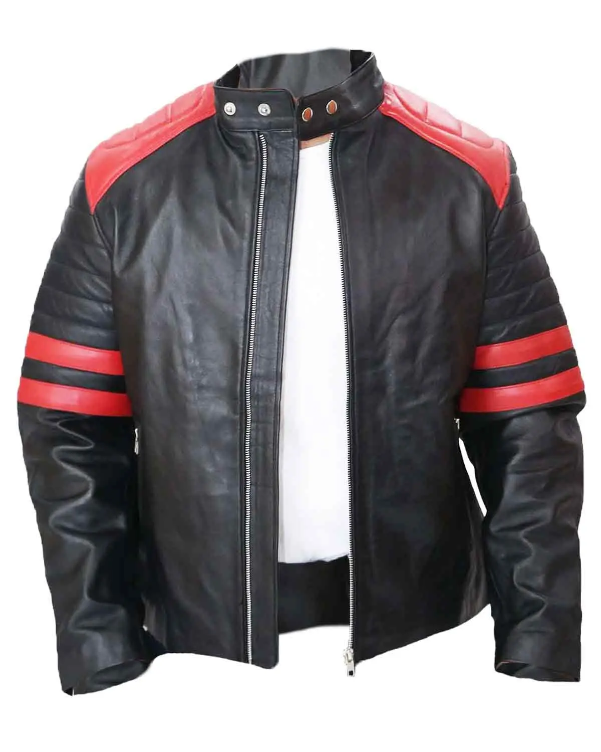 MotorCycleJackets Black Café Racer with Red Strip Genuine Lambskin Leather Jacket