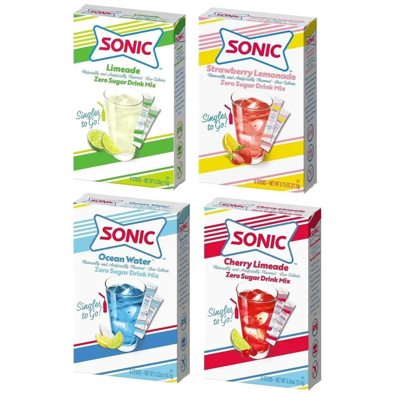 Sonic Singles to Go! Drink Mix Variety Pack - Sonic Drink Mix Packets - Limeade, Ocean Water, Cherry Limeade, and Strawberry Lemonade Flavors