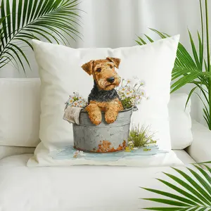 Puppy sitting in bucket with flowers Throw Pillow Cover - Ultra-Soft Short Plush,  Double-Sided Print, Zipper Closure - Perfect for Sofa, Chair, Outdoor & Living Room Decor, Machine Washable, Decorative Pillow