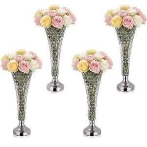 fathersdaygift VEVOR 4 PCS Crystal Wedding Flower Vase, 20 in Tall Flower Table Centerpieces, Crystal Cylinder Banquet Vases Easy Installation, Versatile Arrangement Stand for Party Events Room Home Decor, Silver
