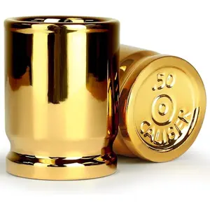 50 CAL SHOT GLASSES, Set of 2, Unique Gag Gifts, Man Cave Gifts, and Gifts for Men, Each Gold Shot Glass Holds 2 Ounces