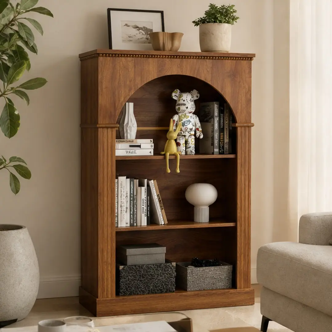 ARCH 3-Tier Arched Freestanding Stable Bookshelf - Melamine Light Walnut with Decorative Beaded Trim, 11.80" W x 31.50" D x 48.00" H, 44.10 lb, for Living Room Home Library Office Inspo Study Setup, Collectibles Storage