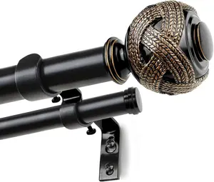 1 Inch Double Curtain Rods 36 to 72 Inches (3 to 6 ft),  Black Drapery Rods for Windows 24 to 68 Inches, Telescoping Dual Curtain Rod with Woven Leaf Finials