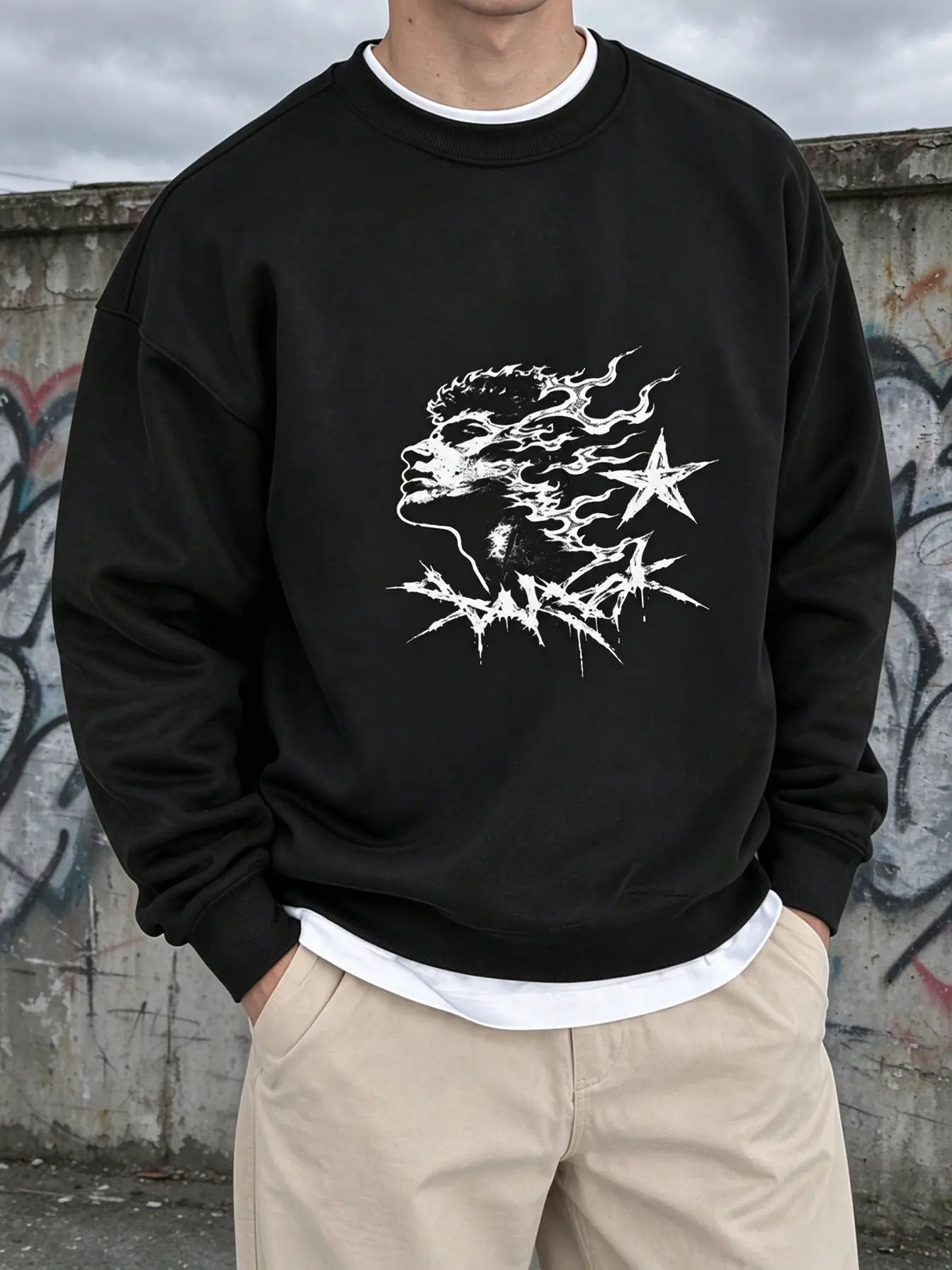 Men's Loose Fit Crew Neck Sweatshirt - Poly-Cotton Fabric, Dark Grunge Art Portrait Graphic, Casual Fall & Winter Daily Wear, S-3XL Retro Western Hoodie with Red White Blue Color Scheme men's hoodies grey Menswear Stylish
