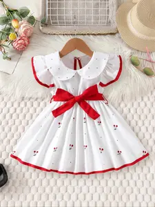 Toddler Girl's Cherry Print Belted Dress, Cute Casual Fruit Print Dress for Summer, Kids Clothes for Daily Wear, Baby Girl Clothes