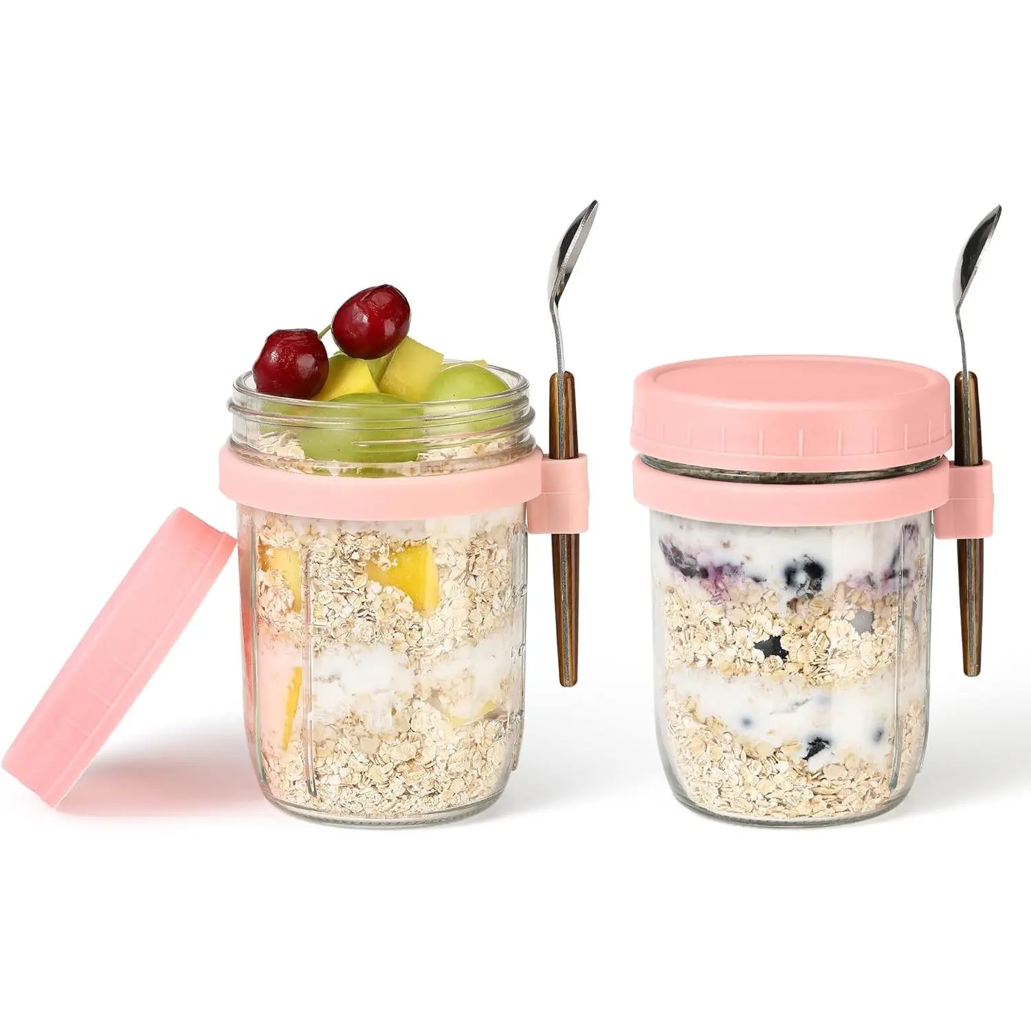 16oz Glass Mason Overnight Oats Jars, Cereal, Yogurt, Salad Lunch,Glass Overnight Oats Containers with Lids and Spoon, Container with Measurement Marks - (Pink-2Pcs)