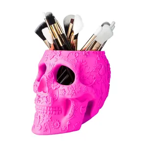 Skull Makeup Brush Holder, Pen Holder, Vanity, Desk, Office Organizer, Stationary, Decor Planter, Candy Bowl, Goth Decorations, Extra Large, Skulls Gothic Skull & Bones Organizer Bathroom (Pink)