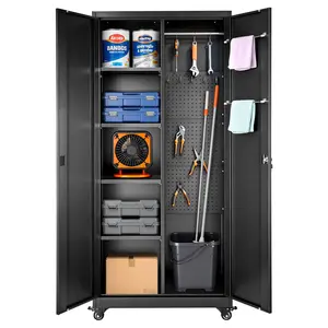【Father's Day Gift】All Steel 5-Shelf Cabinet with Lock, 70.6 in Rolling Adjustable Multi-Compartment Cabinet, 2 Magnetic Doors, Hanging Rod & 3 Rod Hooks for Garage, Pantry, 5-Shelf Cabinets, Adjustable Multi-Compartment Cabinets