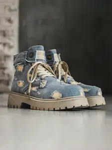 Men's Distressed Ripped Denim High-Top Boots, Retro Street Style, Washed Denim + Platform Non-Slip Sole + Distressed Rips, Retro Eye-Catching, Casual Style , Ideal for Street Outfits & Daily Leisure Scenarios