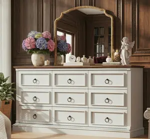 Farmhouse 9 Drawer Dresser for Bedroom, 60" Wide Chest of Drawers with Roman Column, White Wood Dresser with Antique Bronze Circle Handles, Storage Organizer for Living Room, Hallway, Entryway