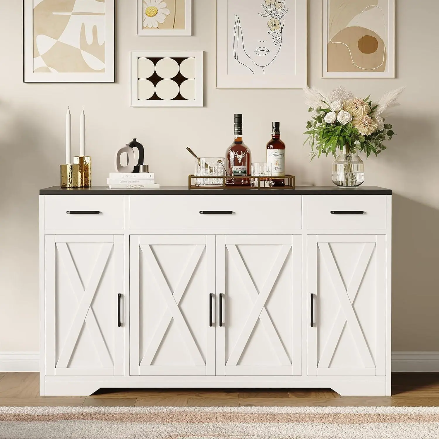 55 Inch Farmhouse Sideboard Buffet Cabinet with Storage & 3 Drawers & Barn Doors Large Modern Wood Coffee Bar Buffet Table, Dining Room Storage Cabinet for Dining Room, Kitchen, Living Room-White and Black