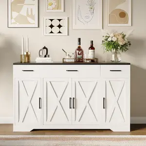 GAOMON 55 Inch Farmhouse Sideboard Buffet Cabinet with Storage & 3 Drawers & Barn Doors Large Modern Wood Coffee Bar Buffet Table, Dining Room Storage Cabinet for Dining Room, Kitchen, Living Room-White and Black