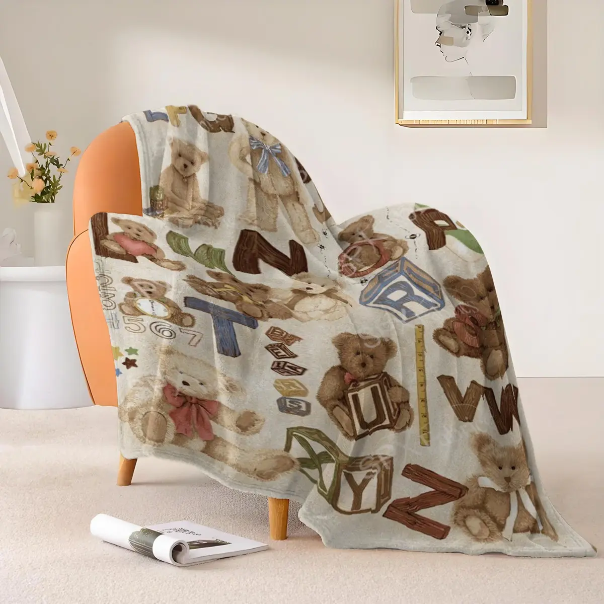 Cute Bear Abc Blanket, Soft and Durable, Retro Letter Theme, All-Season Throw, Perfect for Home Office Travel