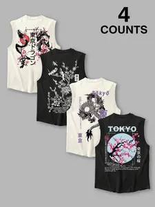 Men's 4-Count Sleeveless Tank Tops - Tokyo-Themed Japanese-Inspired Graphic Apparel (Tokyo Text, Dragon, Cherry Blossom & Bird Designs), Stylish Streetwear & Casual Style, Comfortable Relaxed Fit, Daily Urban & Leisure Outing Wear, Ideal Tanks for Japanes