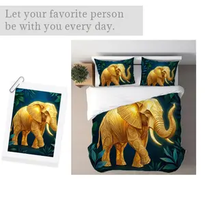 Golden Elephant Bedding Set, Mixed Color Pattern, Multiple Specifications Available, Luxurious & Artistic Design, Soft Fabric, Ideal for Bedroom Decoration, Glowing Effect Elephant & Foliage Print, Perfect for Adults' Bed, Enhances Sleep Ambiance