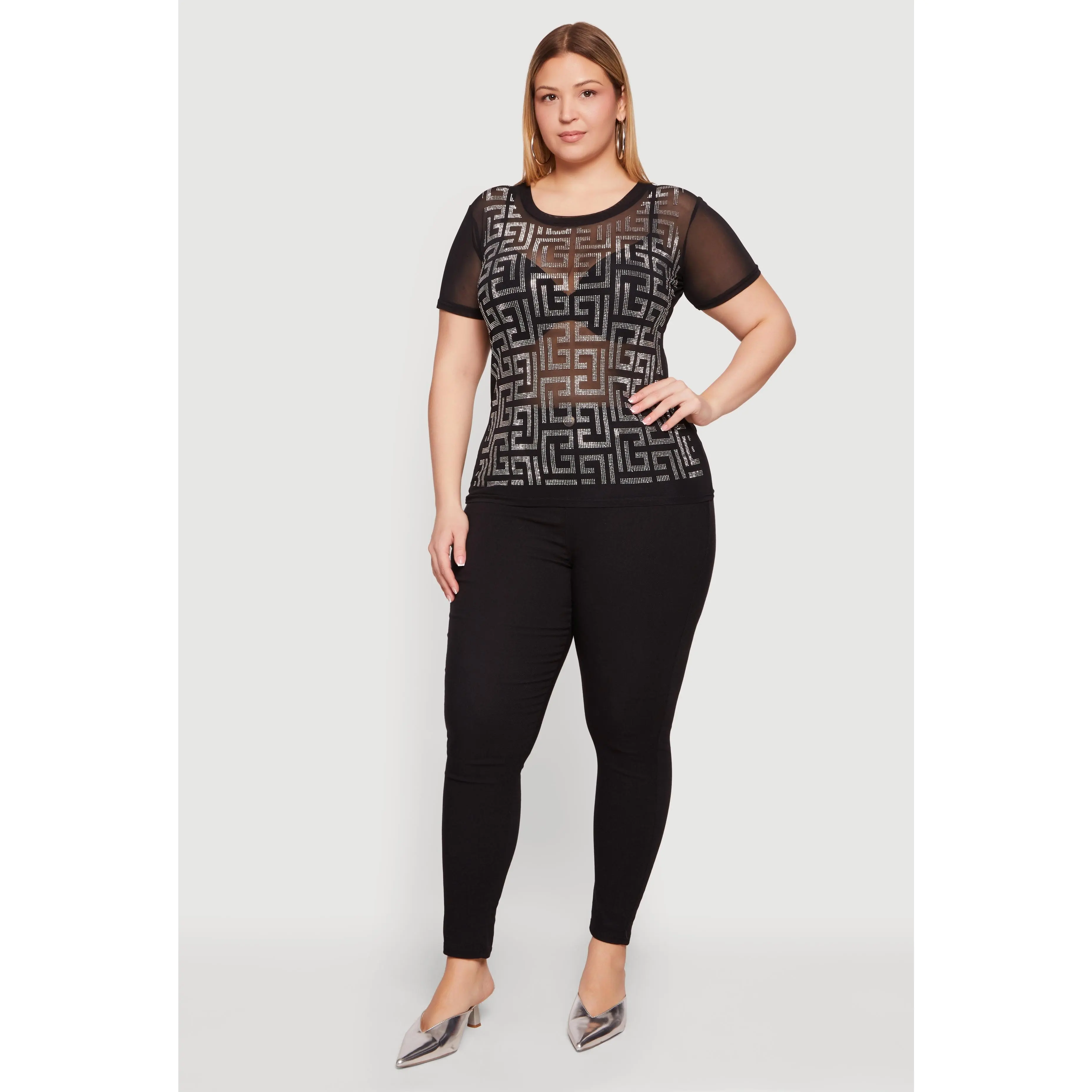 Plus Size Mesh Greek Key Rhinestone Top