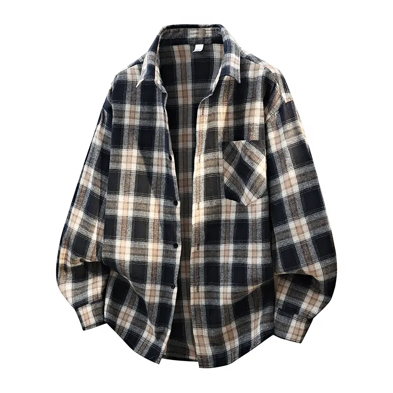 Men's Navy-Brown Plaid Flannel Shirt - Menswear, Classic Collared Point Collar, Button-Front, Chest Pocket, Soft Brushed Fabric, Loose Stylish Longsleeves Vintage Casual Top For Daily Work Outdoor Activities