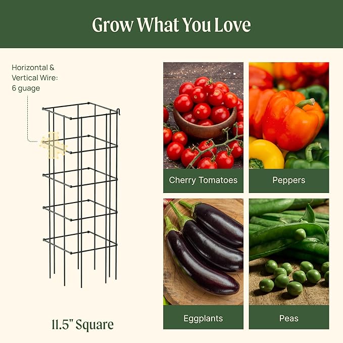 Vego Garden Tomato Cage 16.5" Square Heavy-Duty for Garden & Pots, Rust-Resistant Tomato Stackable Heavy Gauge Plant Cage Trellis Support for Climbing Vegetables Plants