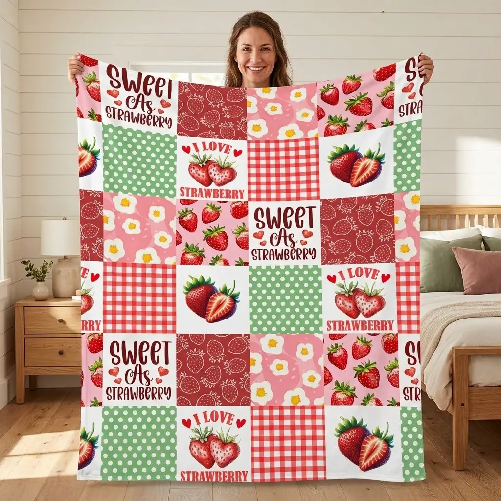 Strawberry Patchwork Flannel Fleece Blanket, Cute Pink Fruit Print Throw Blanket Soft Cozy Blanket for Sofa Bed Bedroom Decor, Sweet Gift for Strawberry Lovers