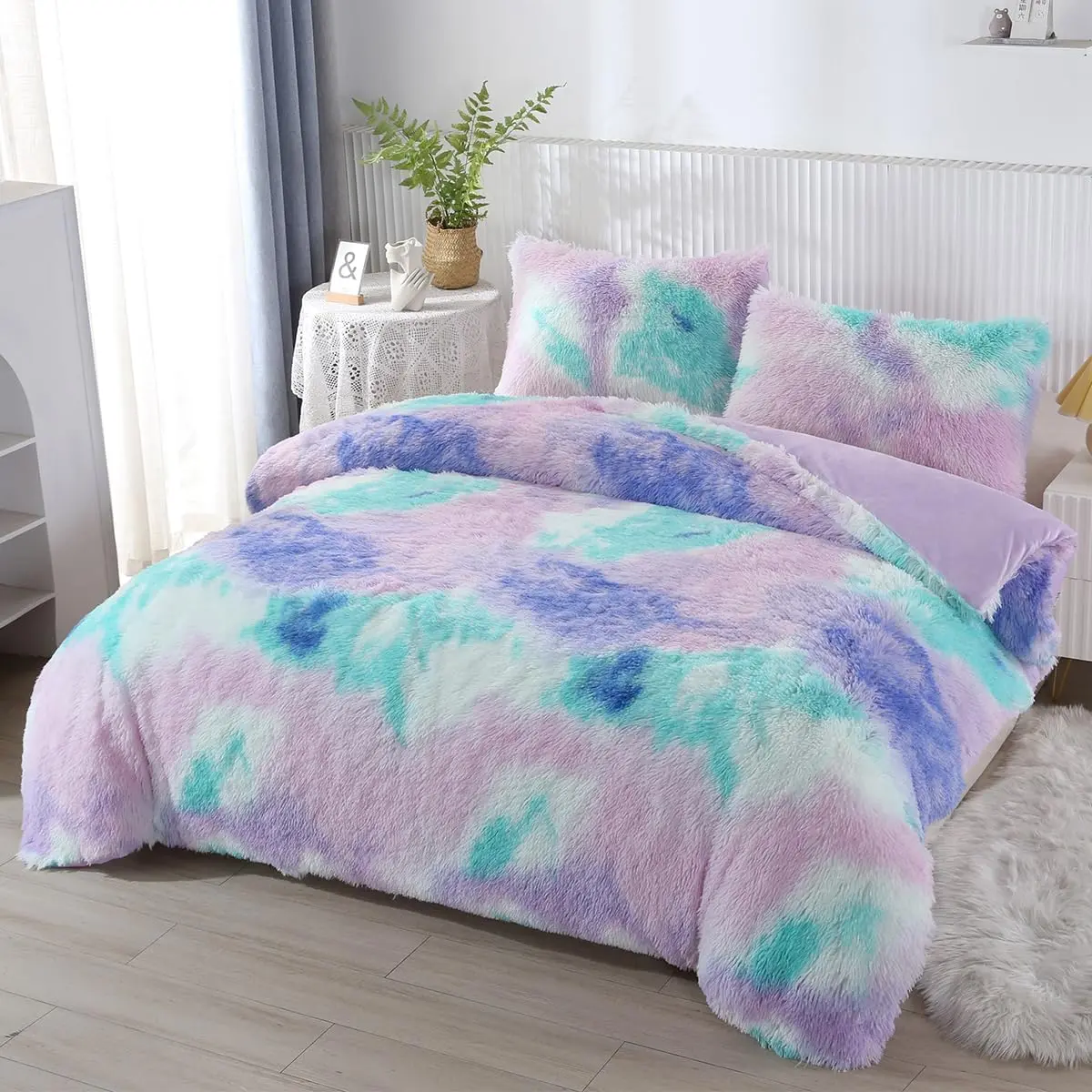 Purple Long Faux  Plush Comforter  3- Colorful Rainbow Fluffy Shaggy Girls Bed Sets for Teens  Tie Dye Fuzzy Furry Bedding Comforter Set(Purple, )