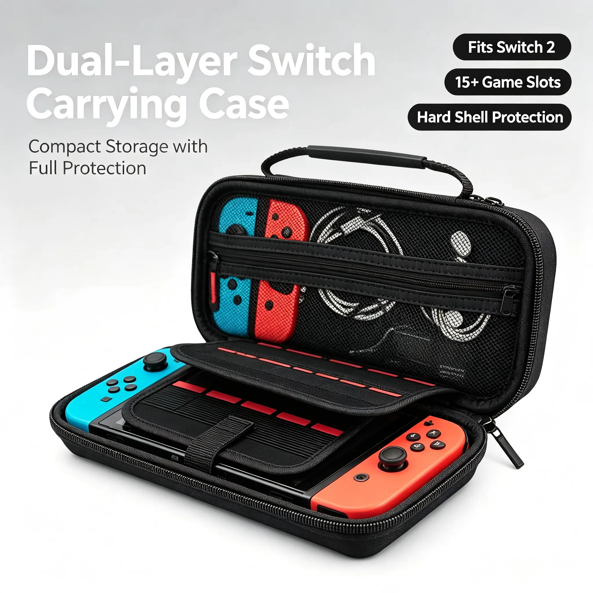 Hard Shell Carrying Case Accessory for Nintendo Switch/Switch OLED & PlayStation Vita - Lightweight, Smooth, Dual-Organiser Travel Pouch with Black Mesh, Strap, Holds 20 Game Cartridges for Console & Accessories
