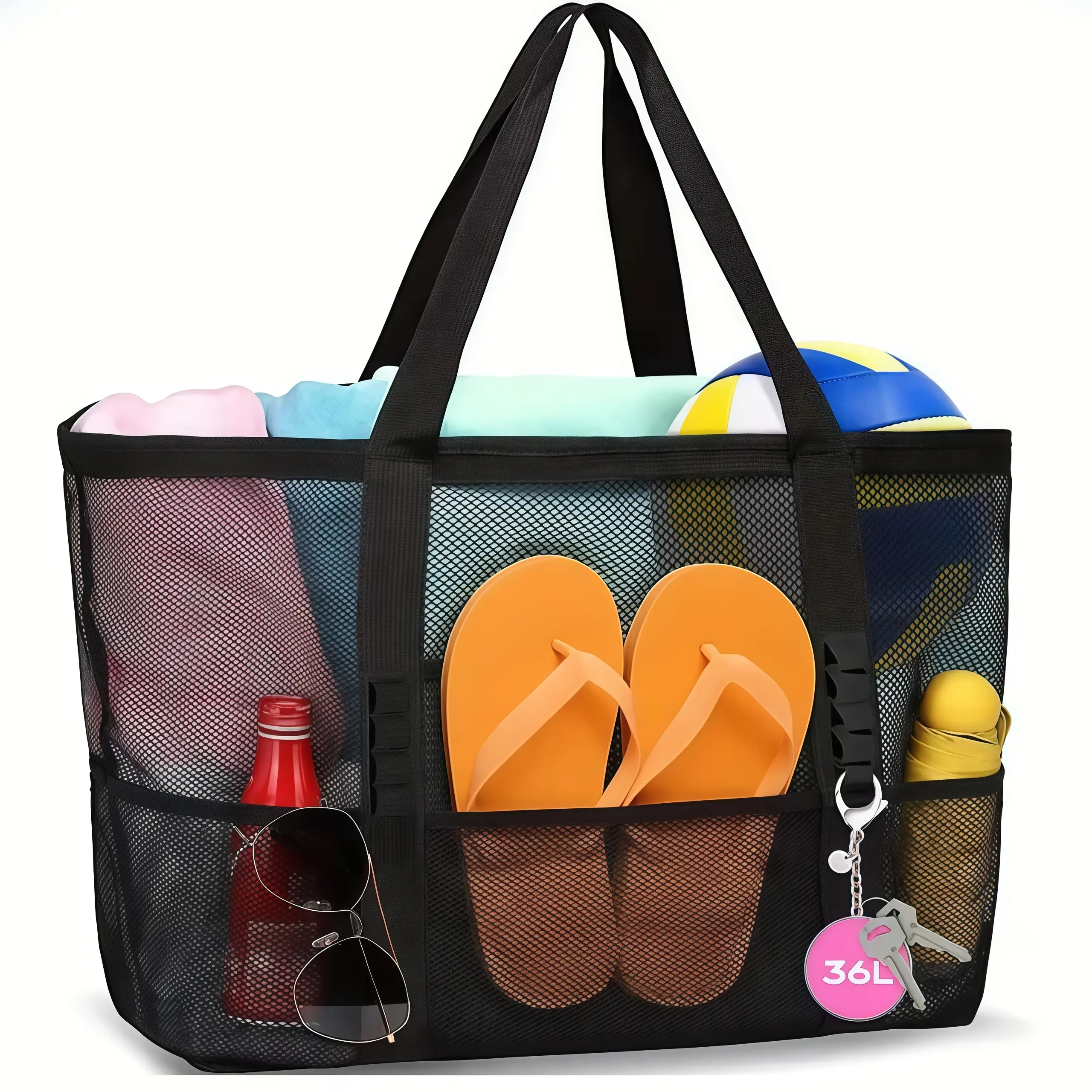 Single large capacity mesh beach handbag, multi pocket quick drying, beach travel shoulder bag, breathable mesh beach bag, travel handbag, vacation essentials organizer, camping storage, university dormitory bathroom, swimming pool bag, daily shoulder bag