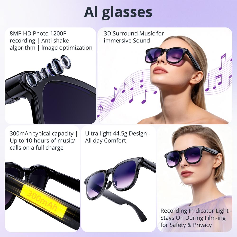Turbosun A2 AI Smart Glasses,2K Video Recording,AI Glasses with Real-Time Translator, Immersive Open-Ear Sound & Hands-Free Photo Capture – Perfect for Adventurers