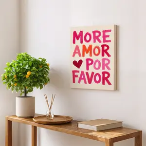 Modern Wall Art, More Amor Por Favor Text Poster, Playful Brushstroke Printing, Pink Red Orange Canvas Decoration, Living Room & Bedroom Aesthetic, Perfect Housewarming Gift, Framed.