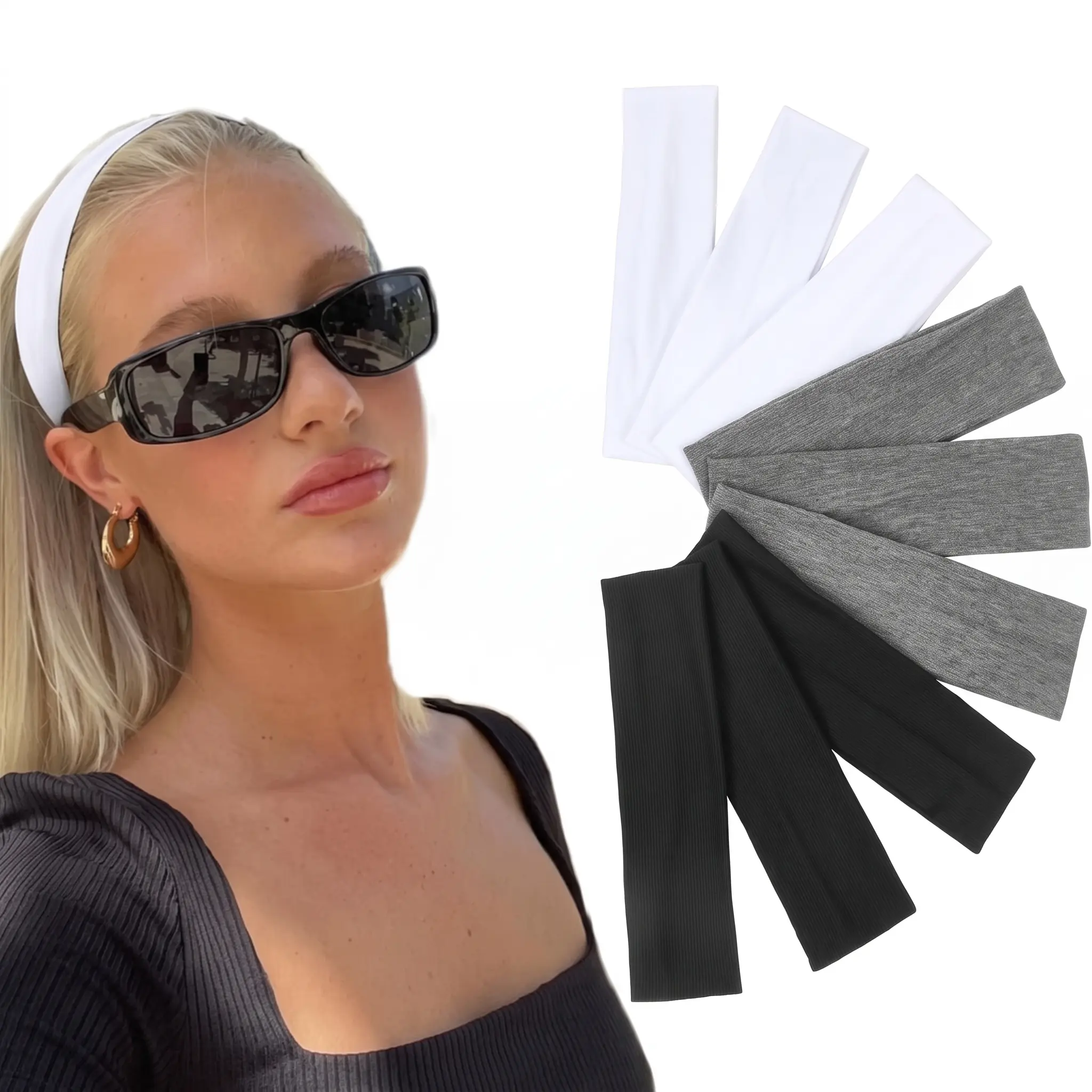 Headbands for Women 9 Pack Elastic Hair Bands Non Slip Soft Cloth Fabric Sweat Yoga Running Sport Accessories Grey White