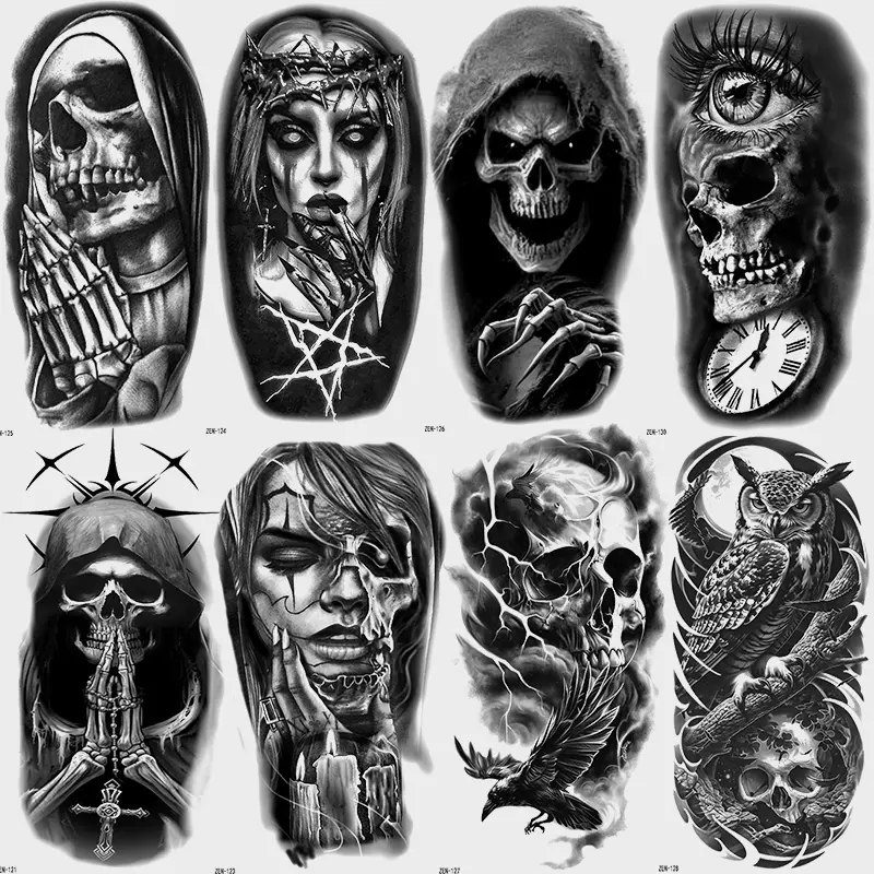 8 Sheets Halloween Grim Reaper Temporary Tattoo Stickers, Realistic Gothic Design Waterproof Sweatproof Body Fake Tattoos for Arms Neck Gothic Skull Tattoo