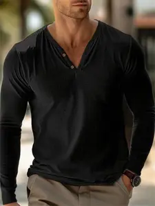 Men's solid-color texture long-sleeved shirt, Henley collar double-button design, slim cut highlights the figure, breathable and skin-friendly, light mature style casual wear suitable for various occasions, high-end but not cheap