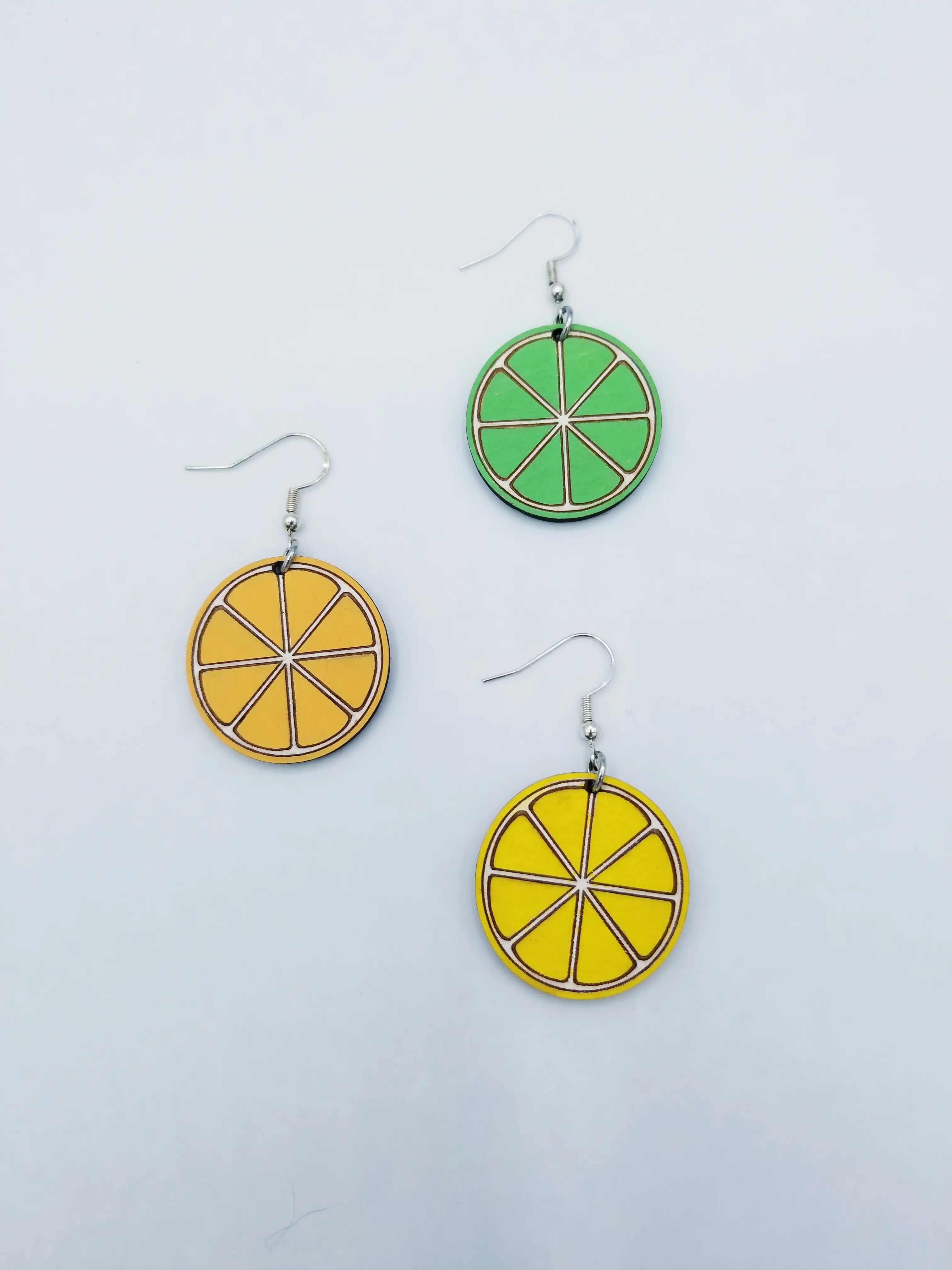 Citrus Earrings, Lemon Earrings, Lime Earrings, Orange Earrings, Hand Painted Wood Earrings, Sterling Silver Earrings