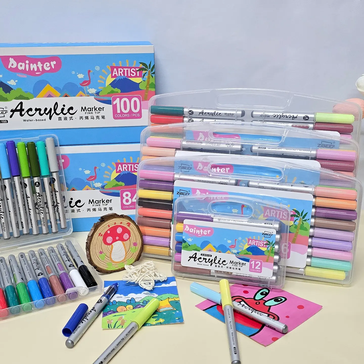 Acrylic Marker Set 60/84/100 Colors, Liquid-Based Professional Art Supplies, Soft Brush Tips for Plastic Glass Metal Ceramic Paperboard Painting