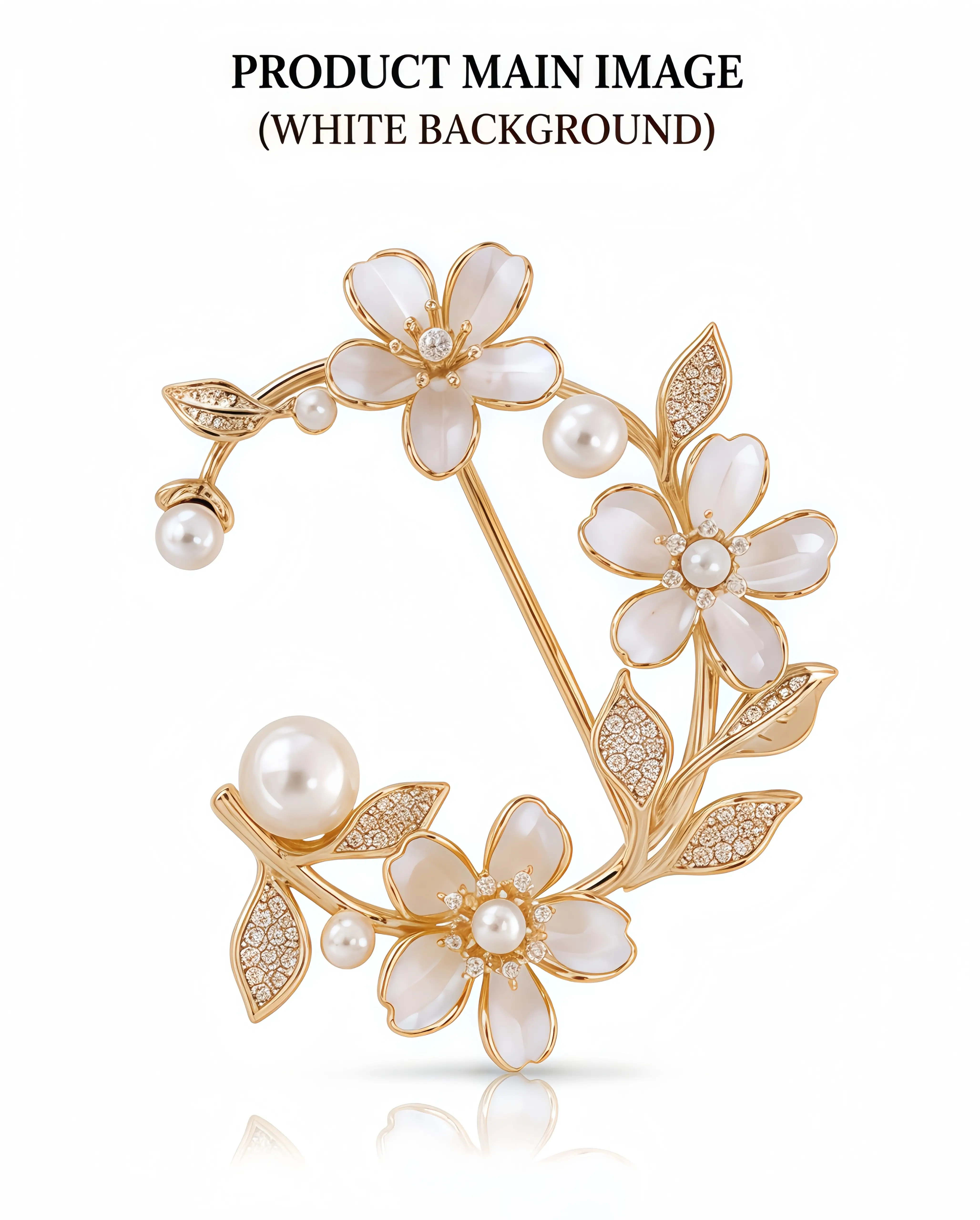 Vintage Luxurious Pearl Flower Brooch - Gold Floral Leaf Design, Rhinestone Accents, Elegant Fashion Clothing Accessory