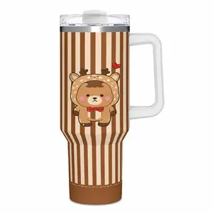 40oz Insulated Tumbler With Handle & Straw, Kawaii Cute Bear In Deer Outfit Brown Vertical Stripe Print Stainless Steel Travel Cup, Double Wall Hot Cold Retention Leakproof Water Tumbler For Kids Cozy Casual Daily Hydration