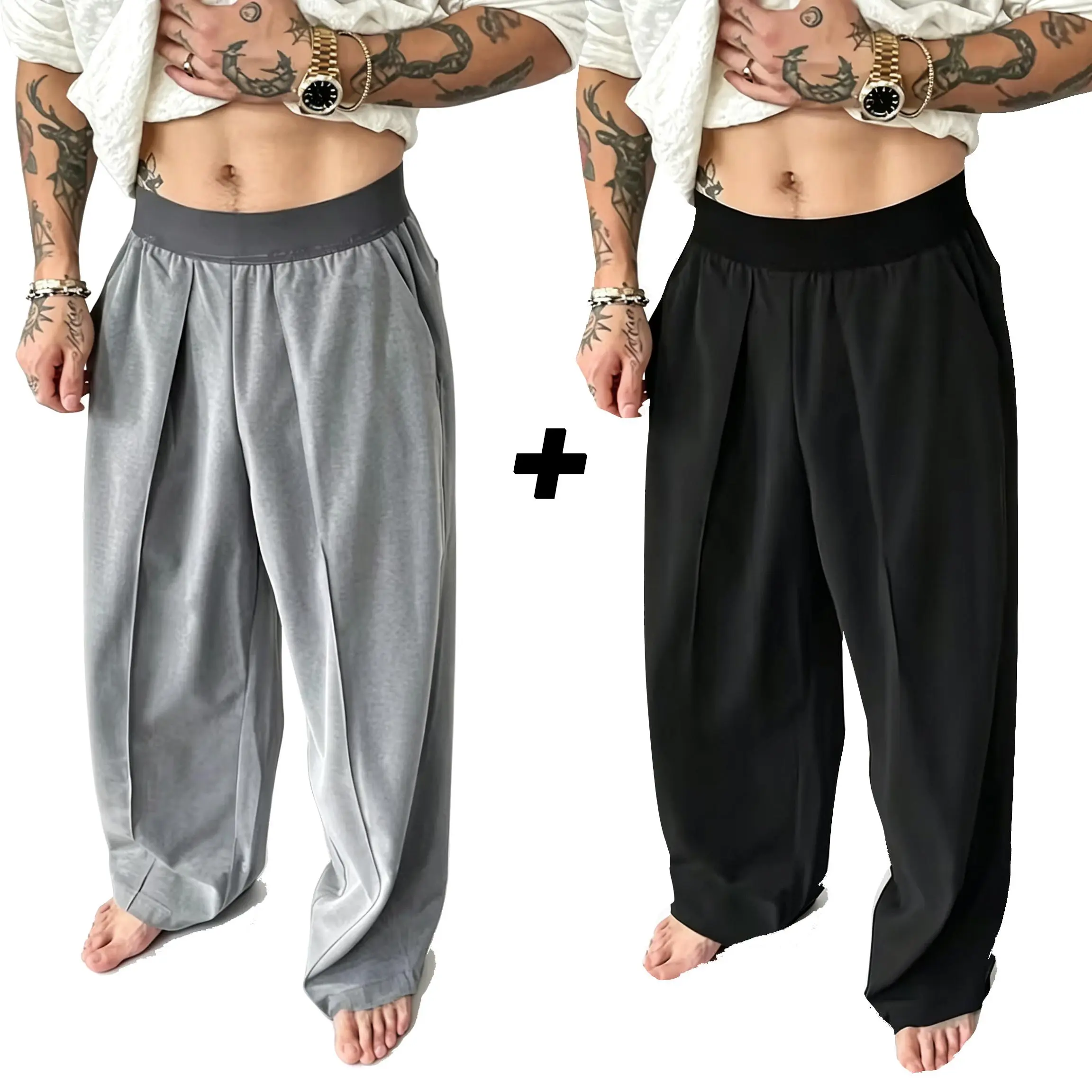 Smooth drape dress pants with an elastic waistband and pleats; relaxed straight-leg long pants with a smooth drape. Solid color, minimalist design—suitable for commuting, home wear, everyday outings, and casual wear; versatile two-way styling.
