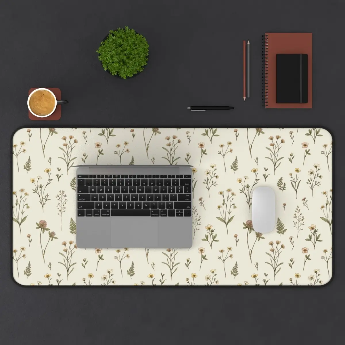 Beige Wildflower Desk Mat, Botanical Deskmat Mousepad, Sage Extra Large Extended Mouse Pad, Cottagecore Office Keyboard and Mouse Setup Mat