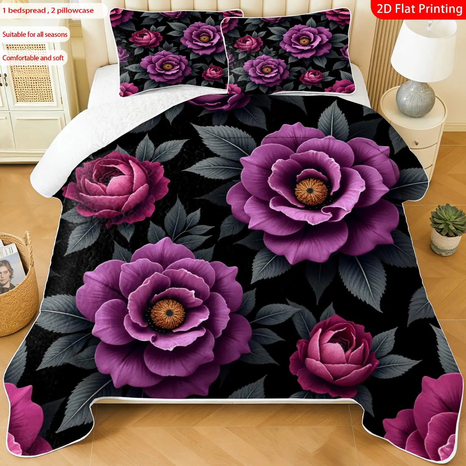 3 pcs, 2D Flat Print Purple Peony Floral Pattern Bedspread Set, Soft and Comfortable, Multiple Sizes Available, Suitable for Gifting and Daily Use, Ideal for Creating a Cozy Home Atmosphere(1 bedspread , 2 pillowcases)