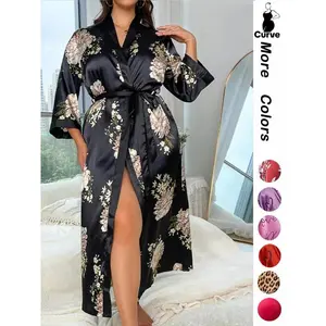 [Plus Size] Halloween Print Belted Wrap Long Sleeve Loose Loungewear Robe, Women Long Sleeves Nightwear, Fall Lady Long Lounge Robe Gowns, Halloween Pajamas, Robes for Women, Floral Print Robe, Wrapped Belted Robe, Casual Soft Bathrobe Womenswear Vneck