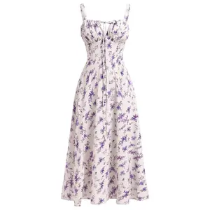 Women Floral Corset Dress Summer Spaghetti Straps Square Neck Casual High Waist Split Casual Beach Dresses, Milkmaid Dress, Womenswear Comfort