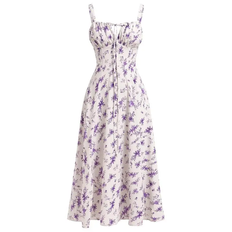 Women Floral Corset Dress Summer Spaghetti Straps Square Neck Casual High Waist Split Casual Beach Dresses, Milkmaid Dress, Womenswear Comfort