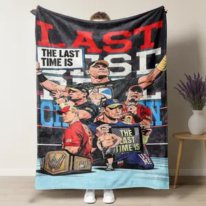 John Cena "Last Rise" Farewell Tour Blanket – Retro WWE Wrestling Collage Art Featuring Iconic Character Poses & Championship Belt, Perfect for Wrestling Fans & WWE Enthusiasts