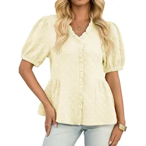 Imily Bela Womens Peplum Puff Sleeve Tops Dressy Casual Summer Textured Blouses V Neck Ruffle Pleated Shirts