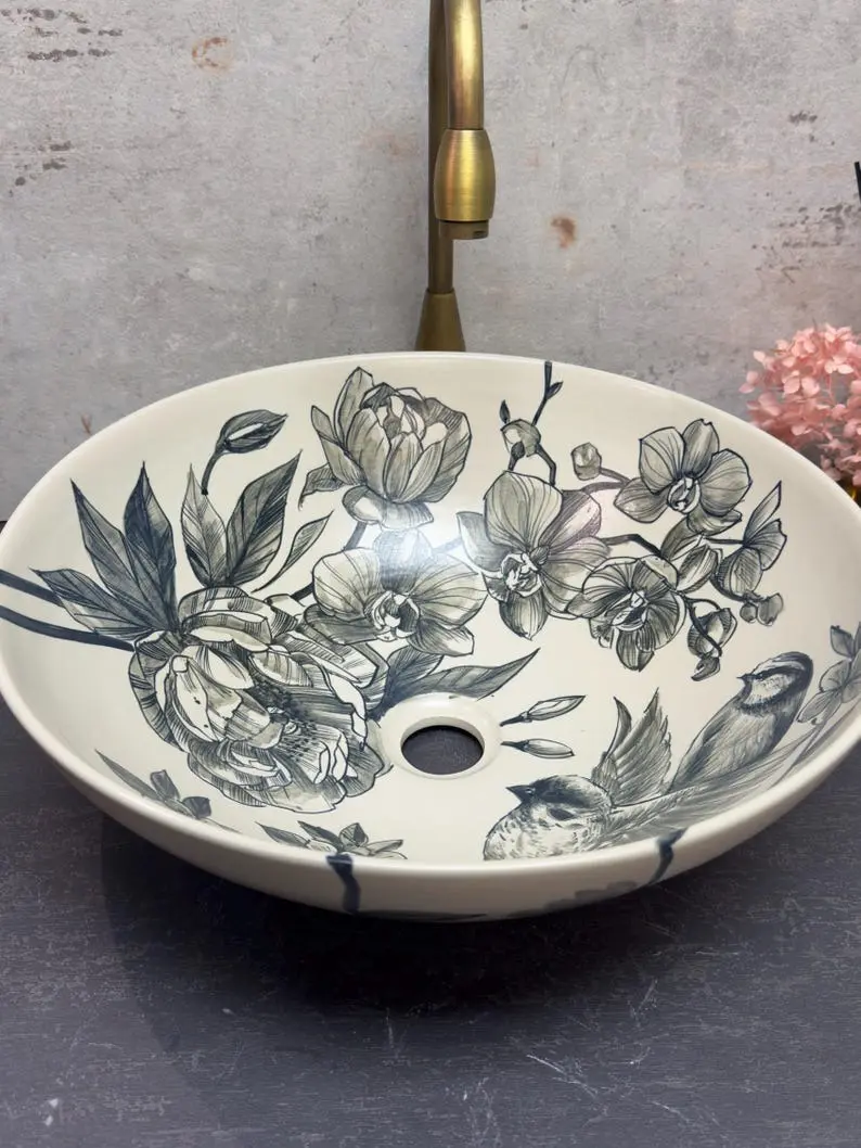 Ceramic Bathroom Sink - Hand Painted, Handmade, Elegant Design, Ideal for Everyday Use