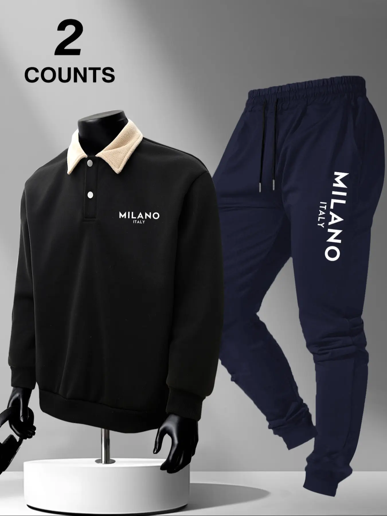 Men's Polo Collar Sweatshirt Set, Autumn Winter Letter Print Fleece Pullover + Drawstring Casual Sport Pants, 2 Pieces Pack